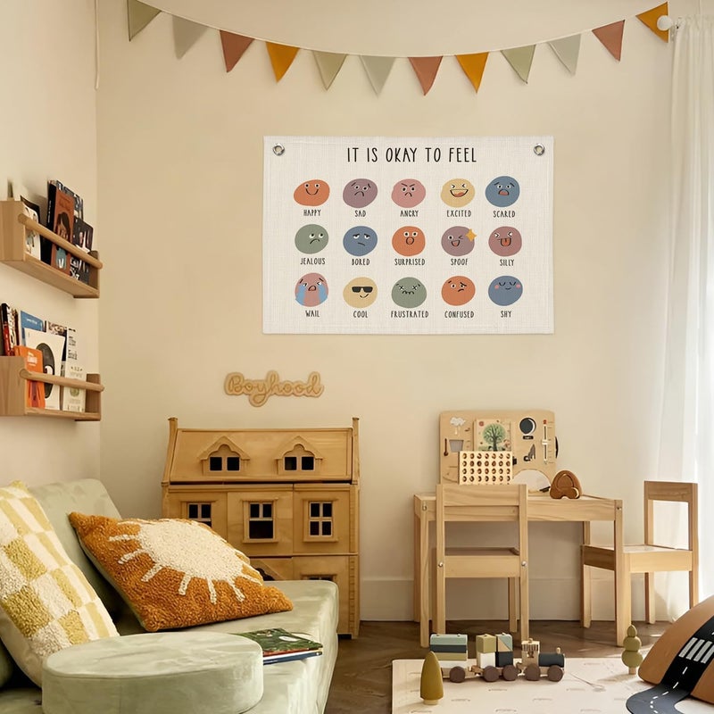 PLKMN It Is Okay To Feel, Mental Health Canvas Banner, Playroom Decor, Neutral Boho Canvas Banner Wall Hanging Flag, Boho Classroom Decor, Teacher Gifts for Classroom - Image 4